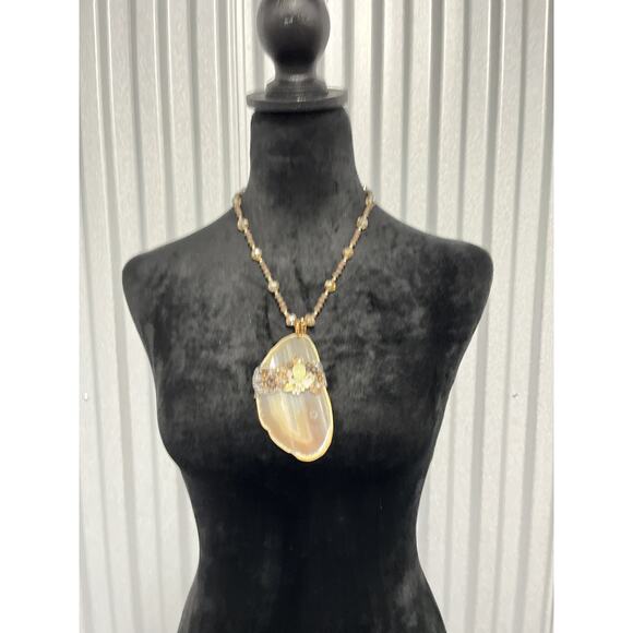 Coco Agate Pendant Necklace Crystal‎ Bead Statement Jewelry Adjustable Gold Tone - Picture 1 of 10